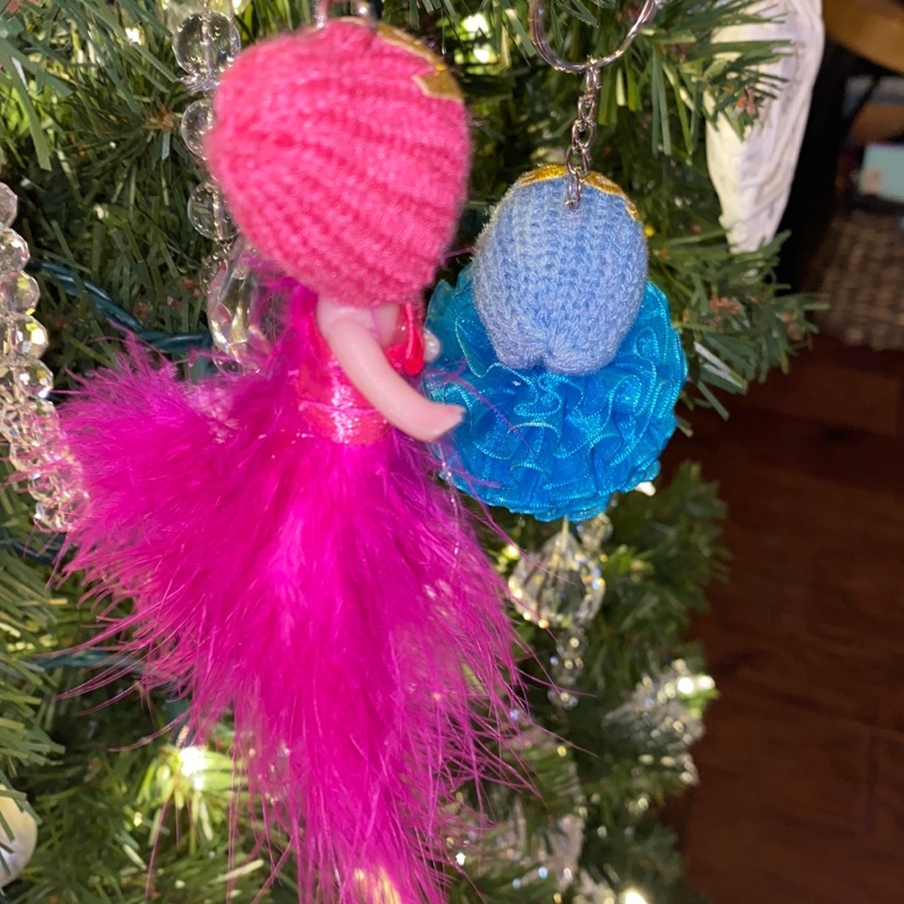 2 baby doll Christmas tree ornaments or keychains pink feather blue ribbon ball‌ - Picture 10 of 16